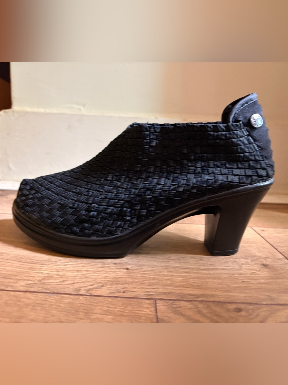 Bootie- Block Heel, Comfort & Style- Black Woven Slip-On Heel